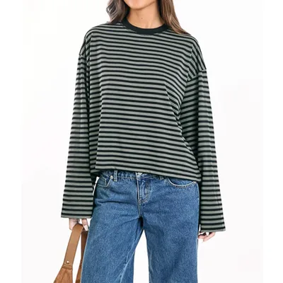 Color blocked Lazy Round neck Cotton Long sleeve Striped T shirt Dark Green - Shop at LoveMi