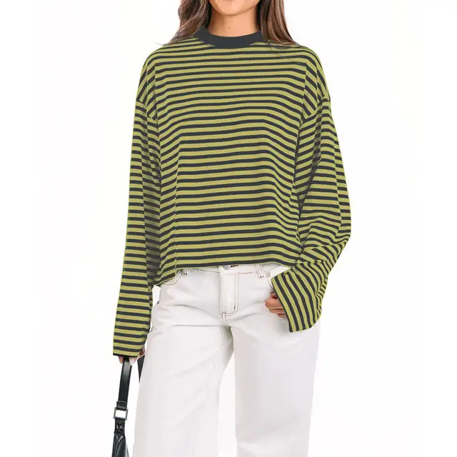 Color blocked Lazy Round neck Cotton Long sleeve Striped T shirt Navy Blue And Yellow - Shop at LoveMi