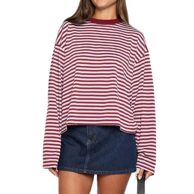 Color blocked Lazy Round neck Cotton Long sleeve Striped T shirt Red Pink - Shop at LoveMi