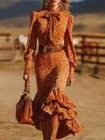 Digital Print Bow Long Skirt Women - Orange
