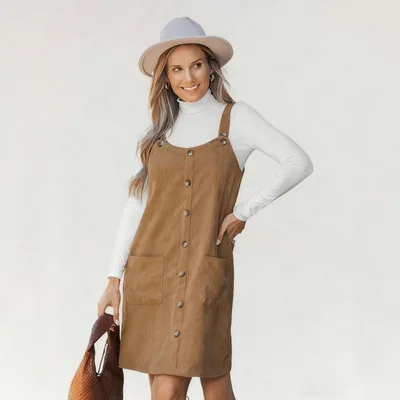 Versatile Loose Corduroy Overall Skirt For Women Brown - Shop at LoveMi