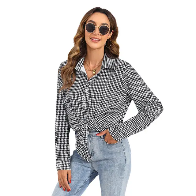 Women's Casual Long Sleeve Shirt With Lapel And Plaid Pattern Black - Shop at LoveMi