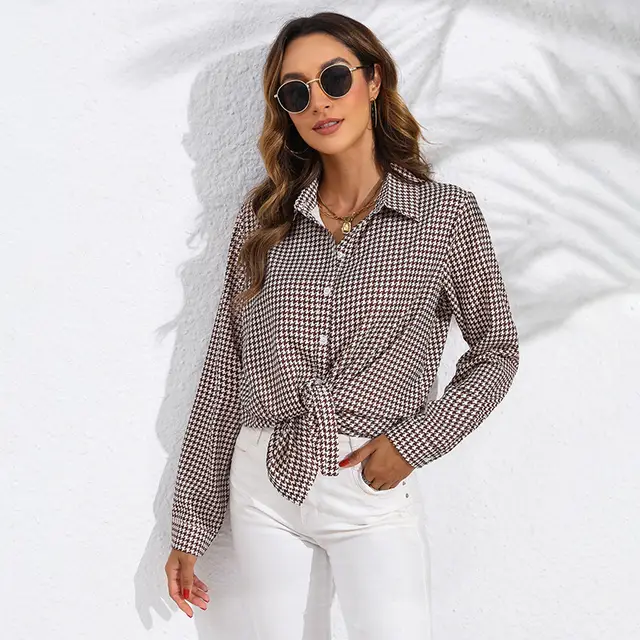 Women's Casual Long Sleeve Shirt With Lapel And Plaid Pattern Brown - Shop at LoveMi