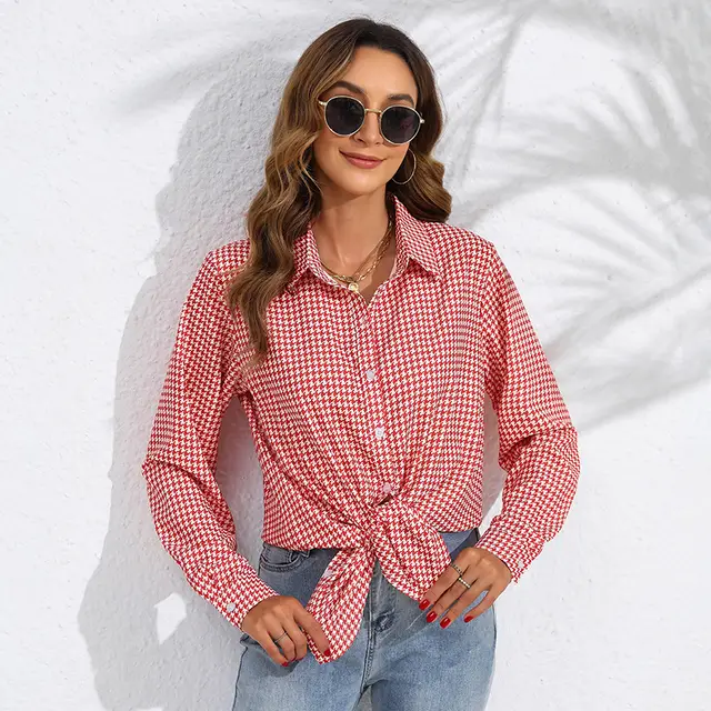 Women's Casual Long Sleeve Shirt With Lapel And Plaid Pattern Red - Shop at LoveMi