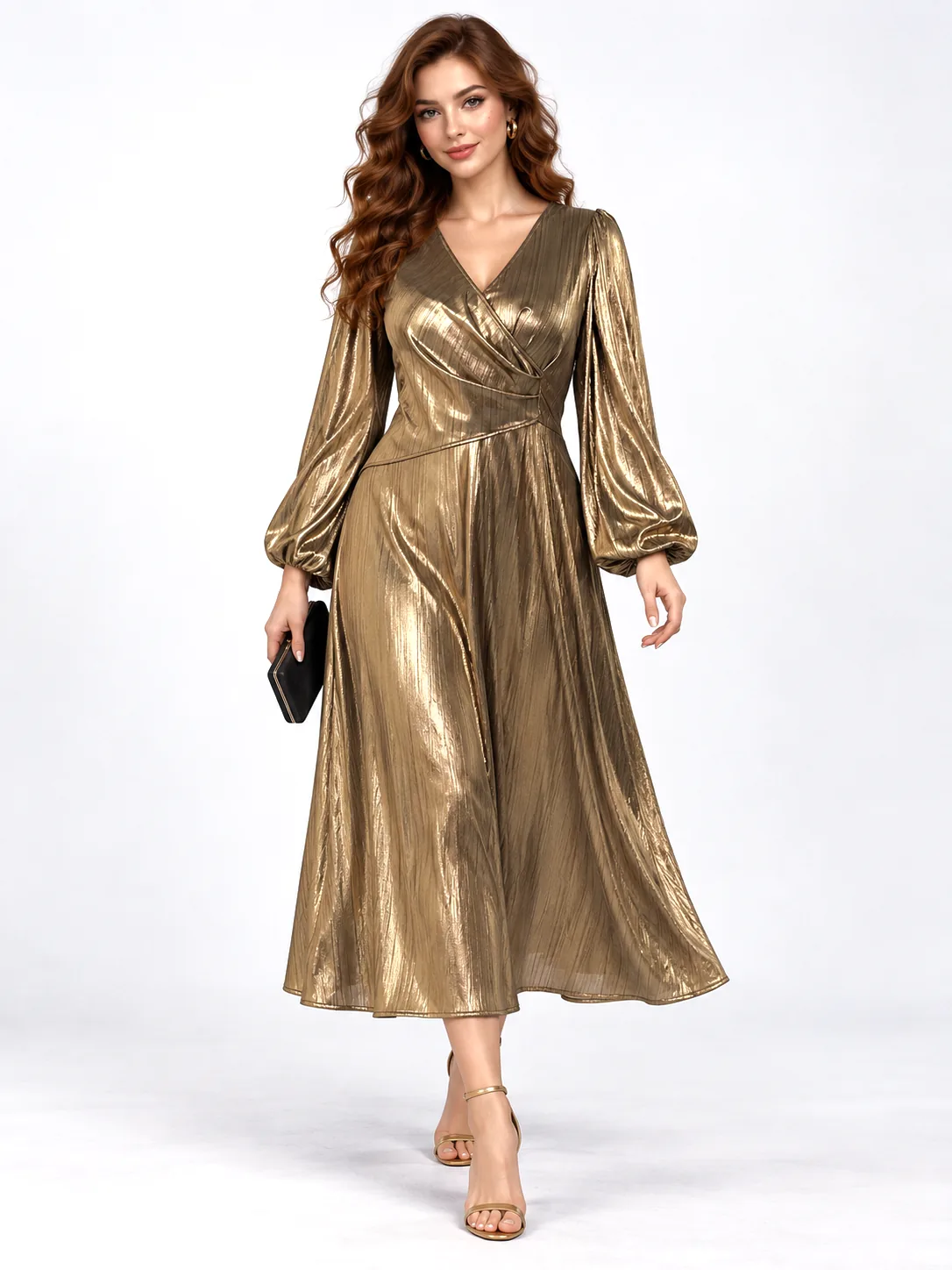 Sexy Temperament Lantern Sleeve High Waist Slim Dress - Gold