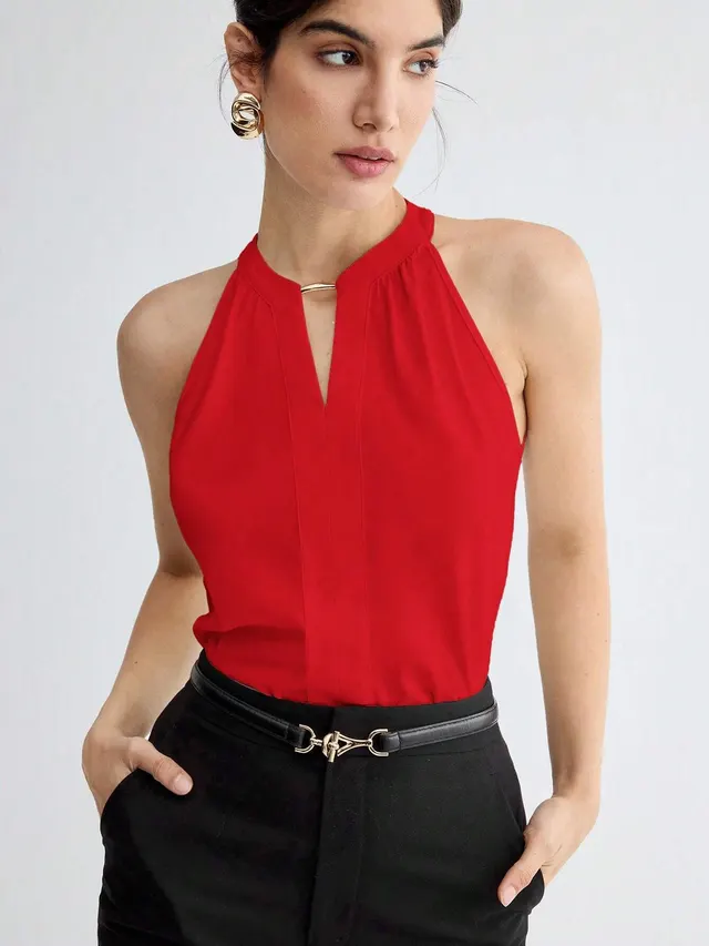 Commuting Essential Workplace Elegant And Versatile Sleeveless Halter Top Red - Shop at LoveMi