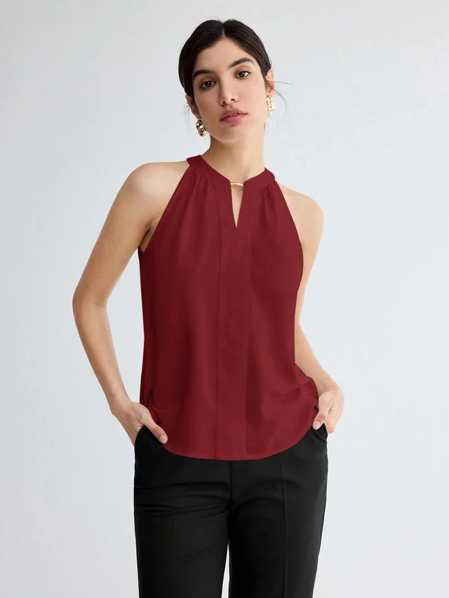 Commuting Essential Workplace Elegant And Versatile Sleeveless Halter Top Wine Red - Shop at LoveMi
