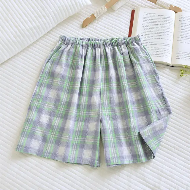 Home Sleeping Pants Pure Cotton Gauze Can Be Worn Outside Loose And Simple Green Purple Plaid - Shop at LoveMi