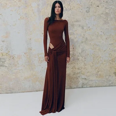 Solid Color Round Neck Long Sleeve Hollow Out Tie Slim Dress Brown - Shop at LoveMi