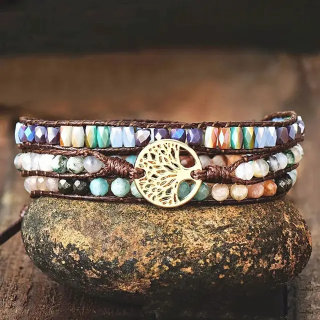 Natural Stone Hand woven Multi layer Tree Of Life Accessories Couple Bracelet Brown - Shop at LoveMi