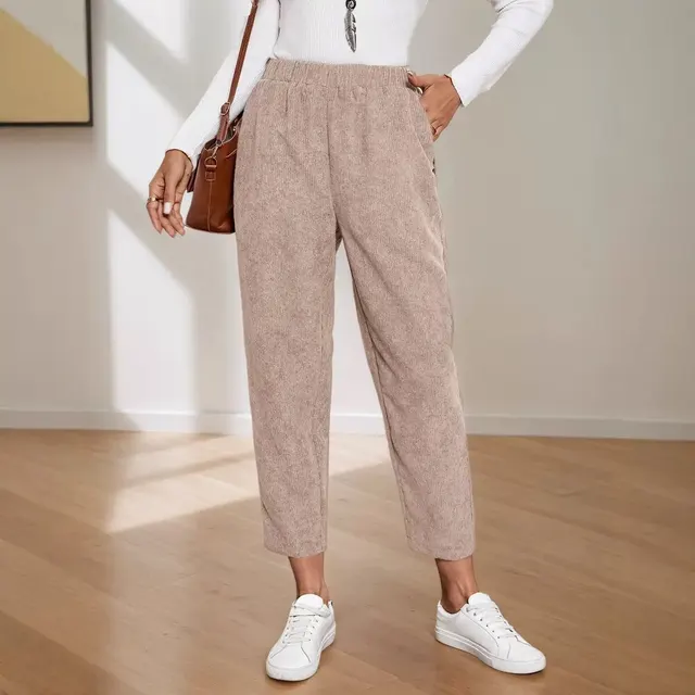 Corduroy Pocket High waist Solid Color Straight Casual Pants Khaki - Shop at LoveMi