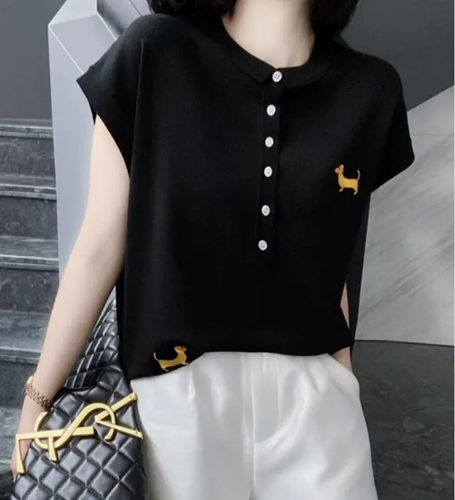Half button Small Lapel Ice Silk Knitted Embroidered Striped Vest Top Black - Shop at LoveMi