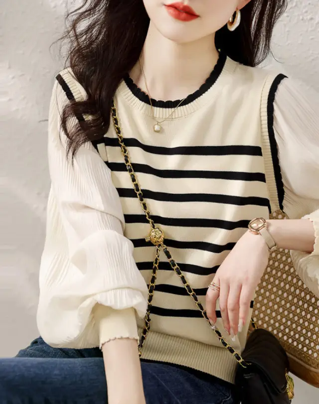 Patchwork Lace Collar Knitted Striped Lantern Sleeve Top Beige - Shop at LoveMi