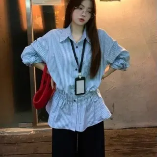 Korean-style Versatile Striped Collar Women's Fashion Slim-fit Shirt - Blue