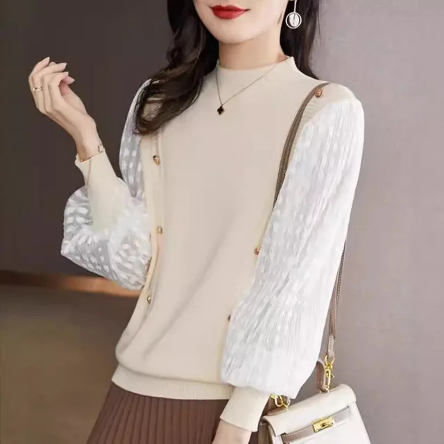 Women's Semi High Neck Base Sweater Short Lantern Sleeve Top Apricot - Shop at LoveMi