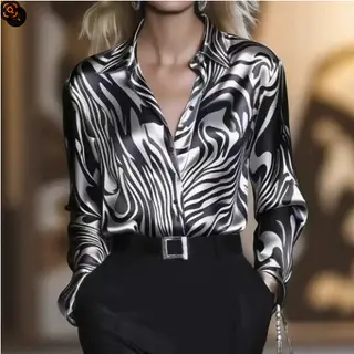 Fashionable Abstract Animal Print Satin Commuter Slim-fit Long-sleeve Shirt - Black