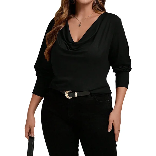 Lazy French style Black V neck Draped Collar Elegant Inner Top Black - Shop at LoveMi