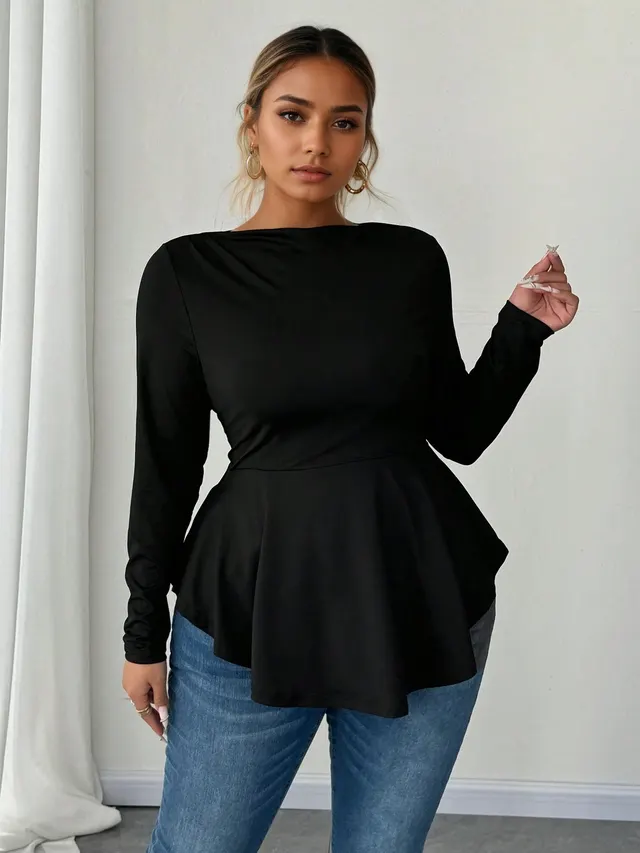 Irregular Hem Pleated Waist cinching Long sleeved Sexy Top Black - Shop at LoveMi