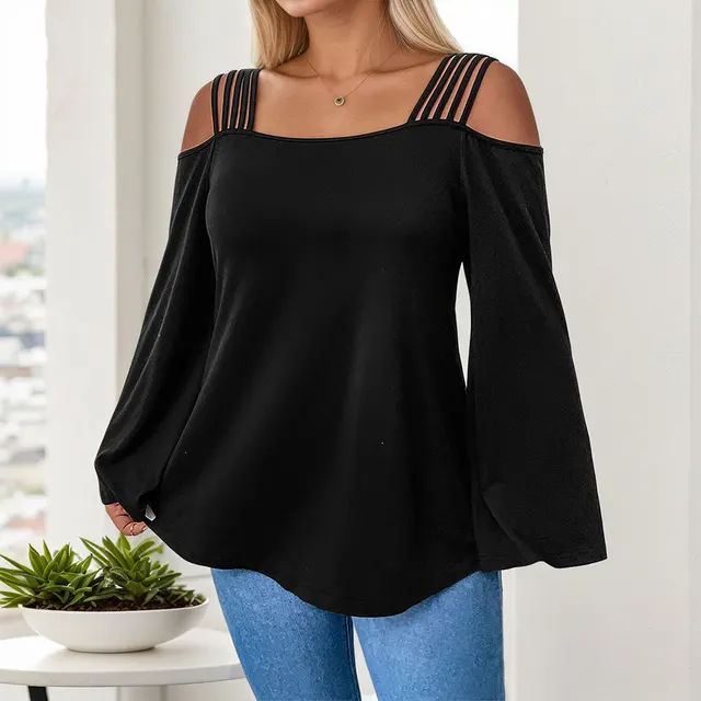 Simple And Elegant T shirt Off shoulder Design Stylish Long Sleeve Black - Shop at LoveMi