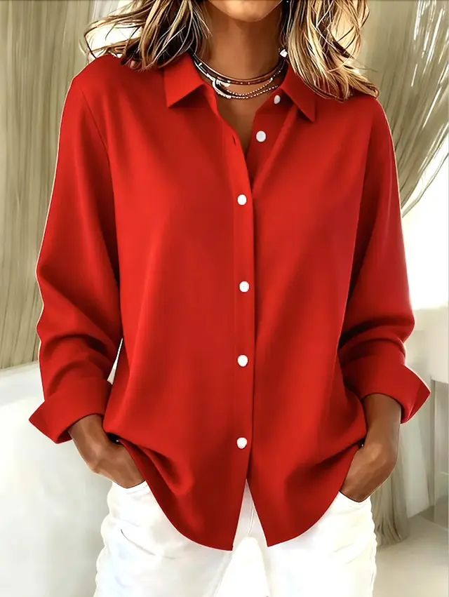 Women's Long sleeved Lapel Plaid Button Shirt Top Red - Shop at LoveMi