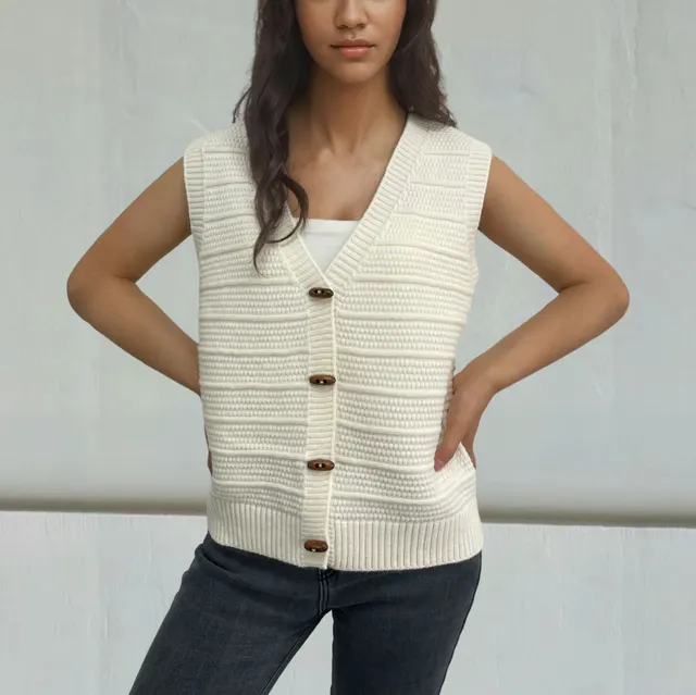 Horn Button Sleeveless V neck Knitted Vest For Women White - Shop at LoveMi