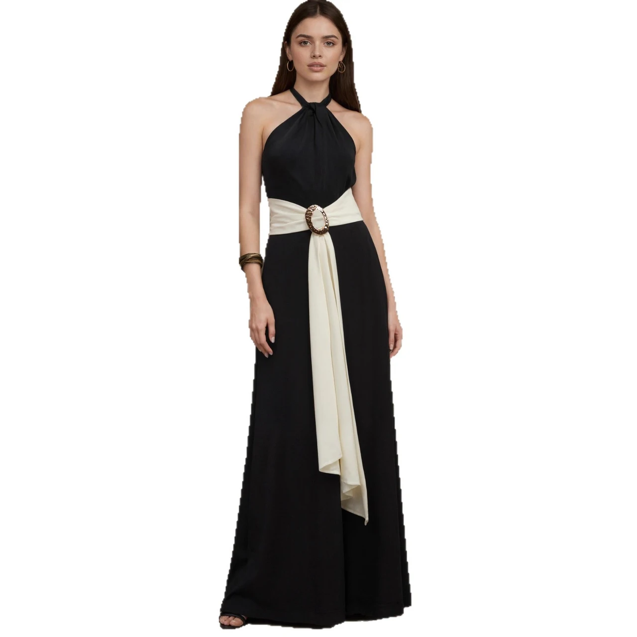 Women's Fashion Colour-blocked French Halter Jumpsuit - Black And White