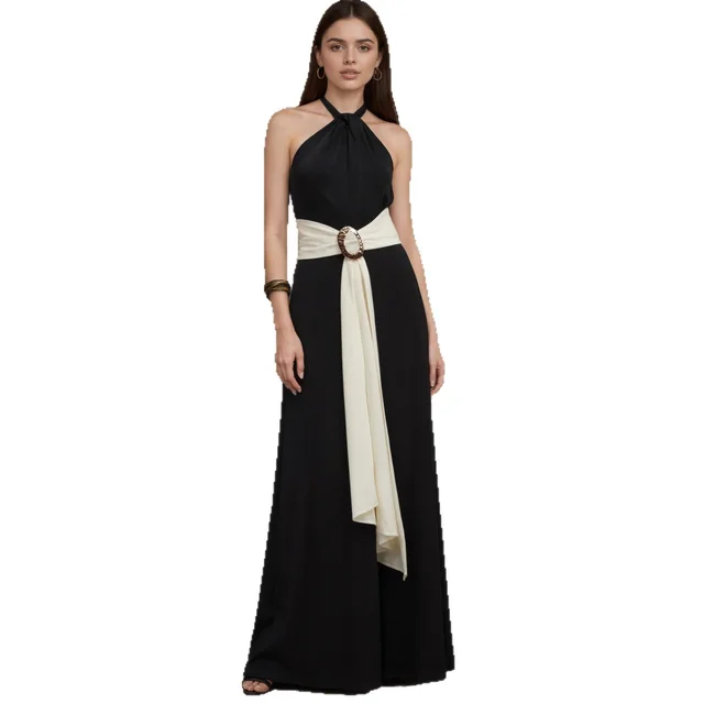 Women's Fashion Color blocked French Halter Jumpsuit Black And White - Shop at LoveMi
