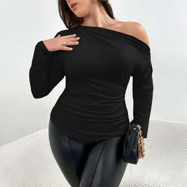 Trendy Single Shoulder Mature Elegant Temperament T shirt Black - Shop at LoveMi