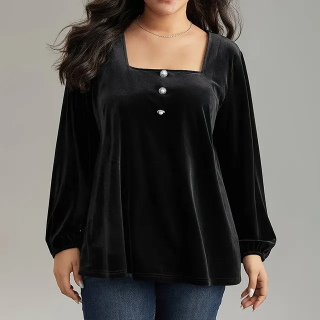 Square Neck Long Sleeve Fashion Loose Elegant Velvet T shirt Black - Shop at LoveMi