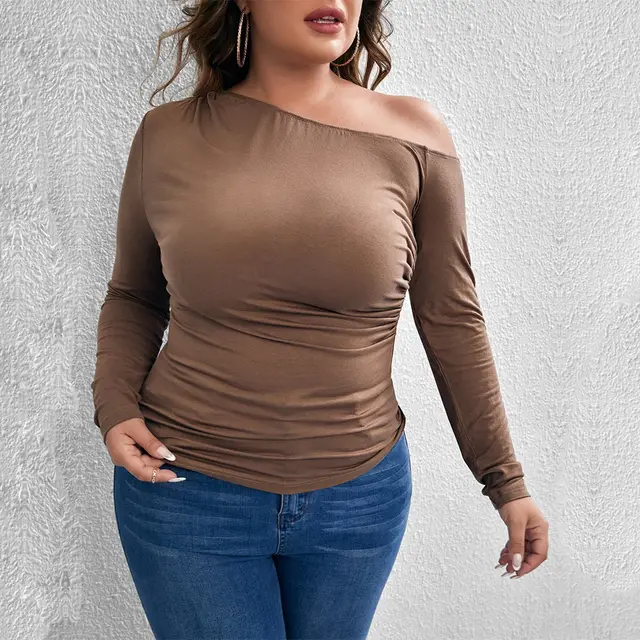 Women's Slim fitting Sexy Off shoulder Oblique Collar Knit Long sleeve Top Dark Brown - Shop at LoveMi