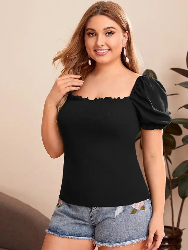 Elegant Style Puff Sleeve Square Neck Solid Color Short Top Black - Shop at LoveMi