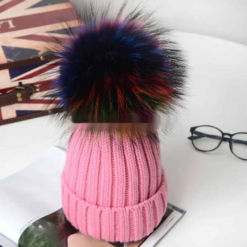 Autumn And Winter Pom pom Wool Hat Raccoon Pink Colored Fur Ball - Shop at LoveMi