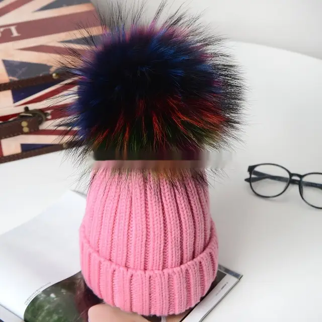 Autumn And Winter Pom pom Wool Hat Raccoon Pink Colored Fur Ball - Shop at LoveMi
