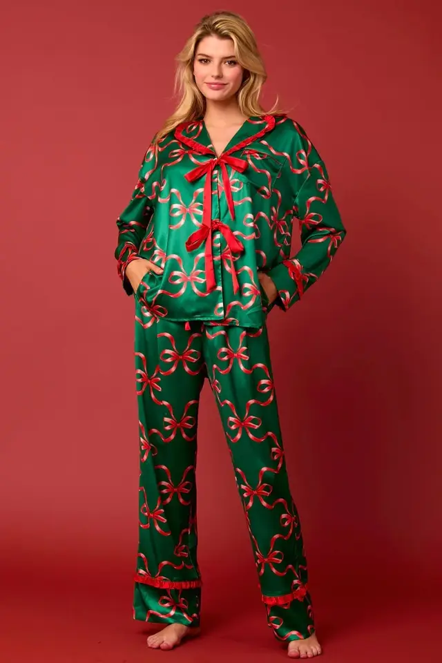 Christmas Bow Pajama Set For Women Green - Shop at LoveMi