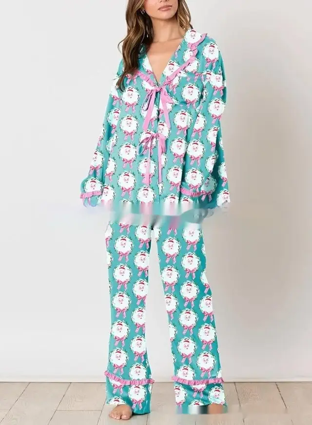 Christmas Bow Pajama Set For Women Sky Blue - Shop at LoveMi