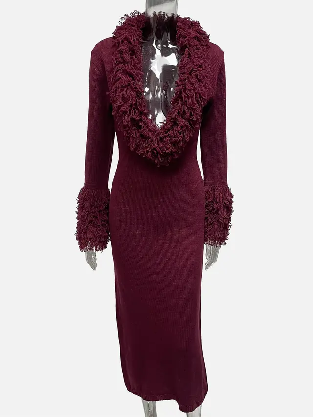 Women's Fringed Design Deep V neck Solid Color Long Sleeve Knitted Maxi Dress Wine Red - Shop at LoveMi