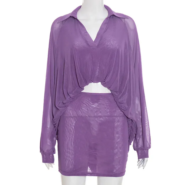 Mesh Bubble Hem Shirt Dress Set Purple - Shop at LoveMi