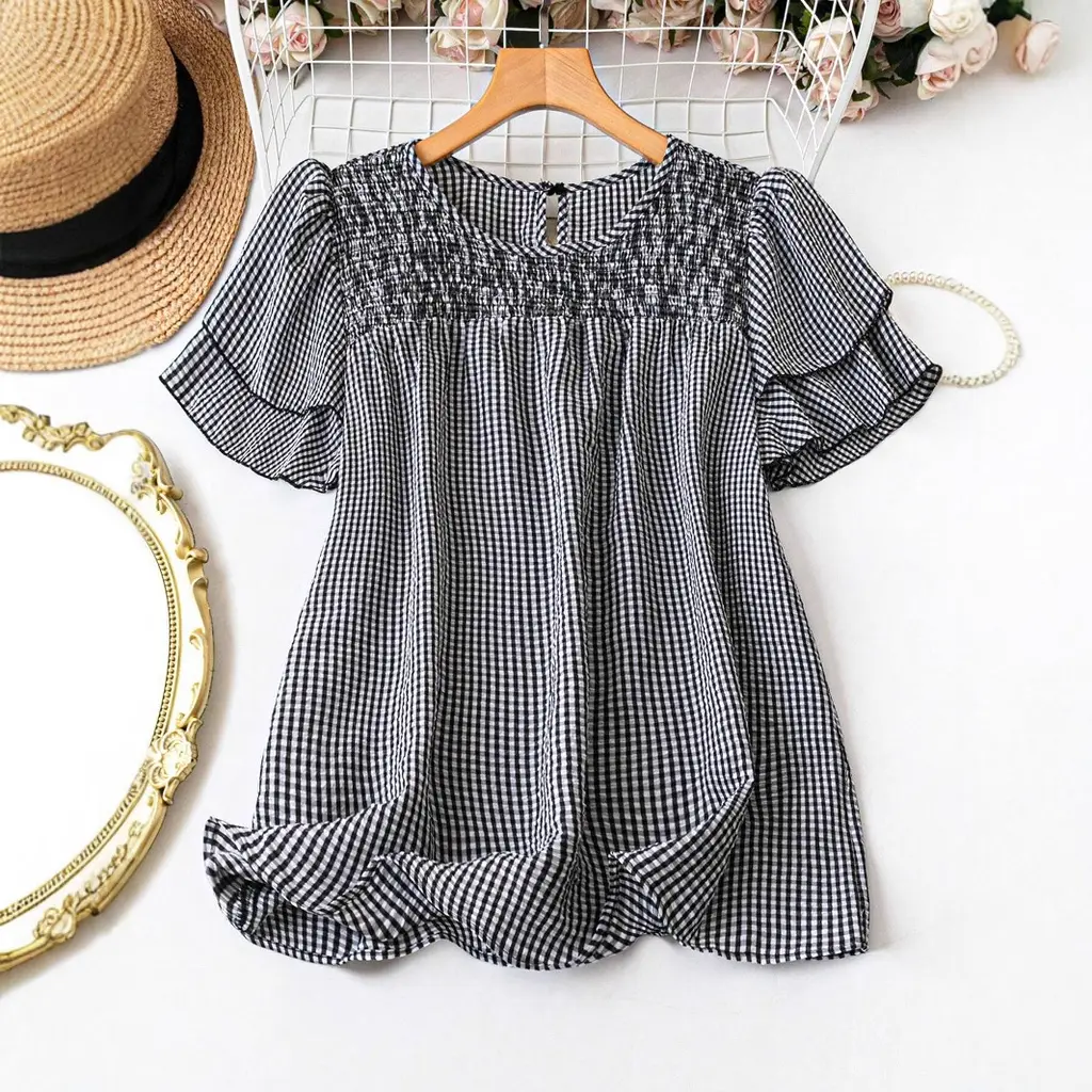 Bohemian Linen Plus-size Plaid Round-neck Loose Slimming Top - Short Sleeve