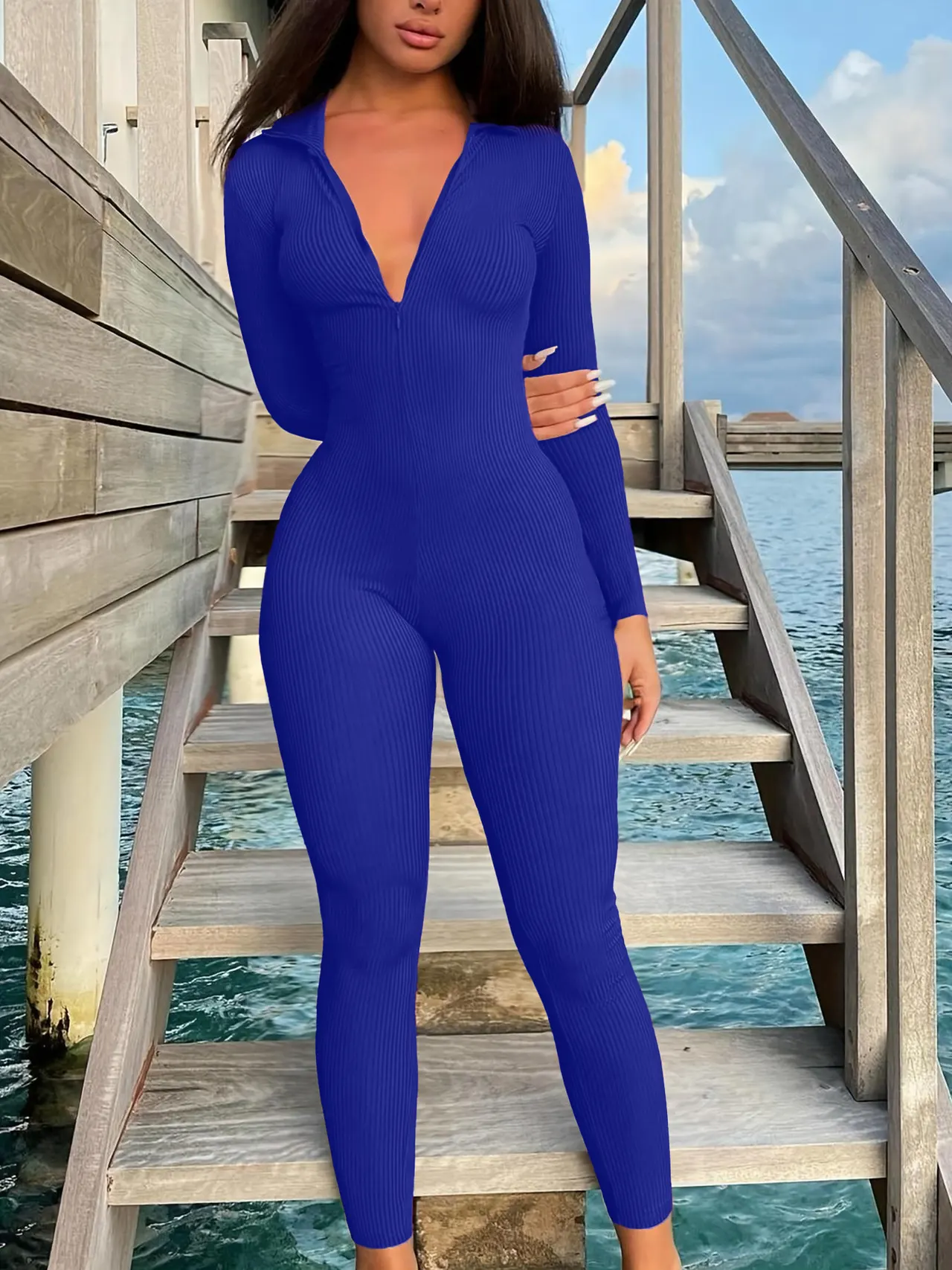 Casual Ribbed Zip-up Jumpsuit Long Sleeves - Blue