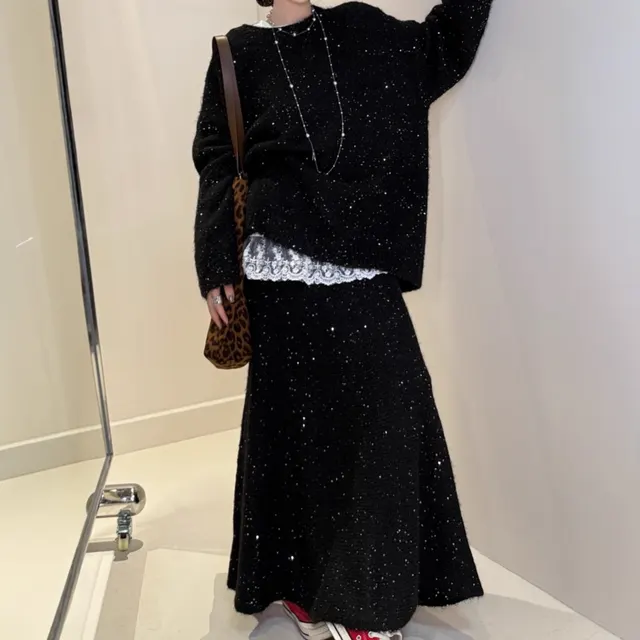 Loose Sequin Sweater Women Elastic Waist Fishtail Skirt Set Black - Shop at LoveMi