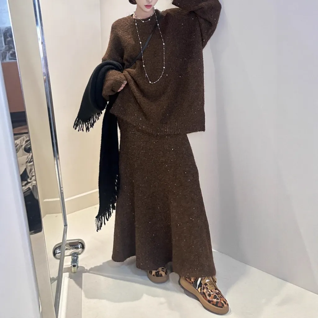 Loose Sequin Sweater Women Elastic Waist Fishtail Skirt Set - Brown