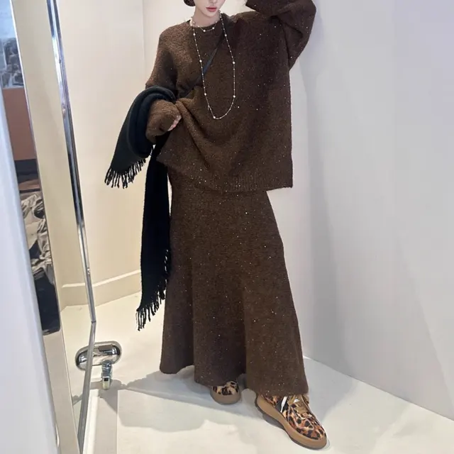 Loose Sequin Sweater Women Elastic Waist Fishtail Skirt Set Brown - Shop at LoveMi
