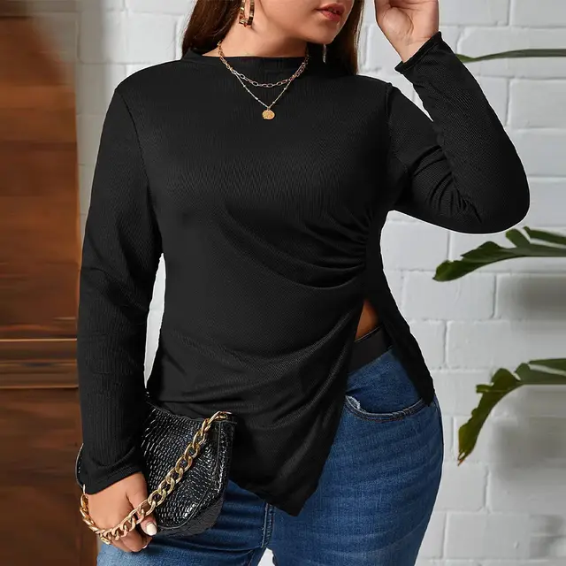 Women's Round neck Slim fit Asymmetric Knit Long sleeve Versatile Top Black - Shop at LoveMi