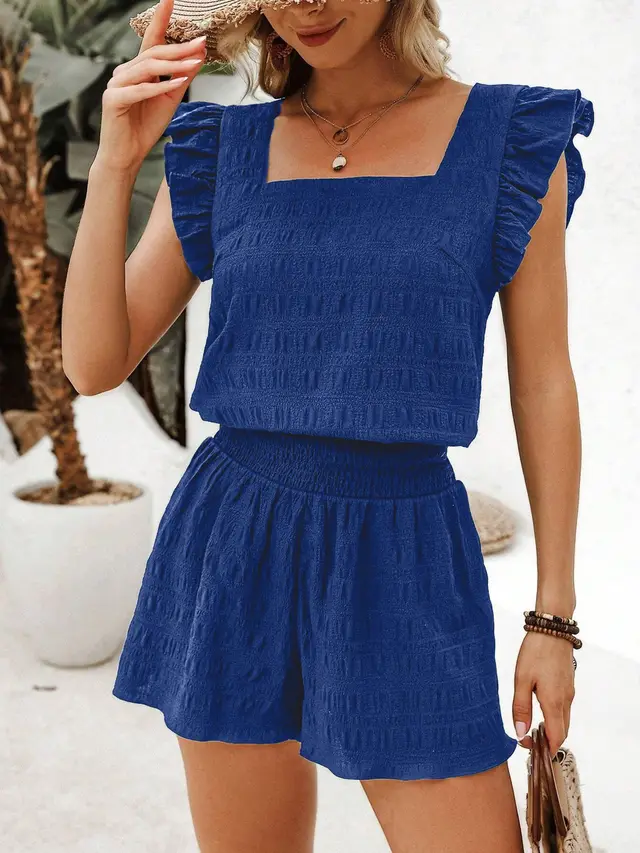 Square Neck Ruffled Casual Shorts Set For Women Navy Blue - Shop at LoveMi