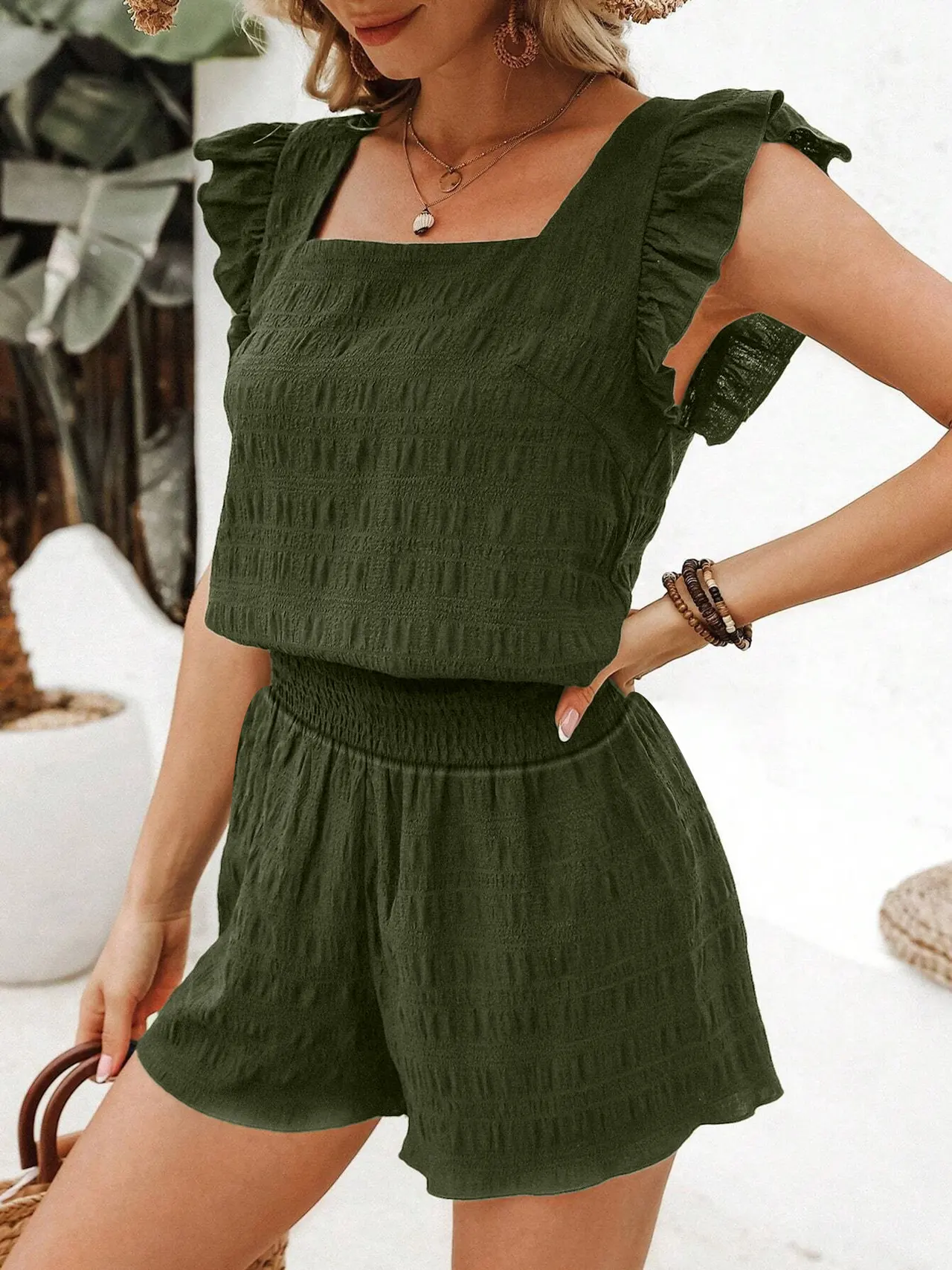 Square Neck Ruffled Casual Shorts Set For Women - Olive Green