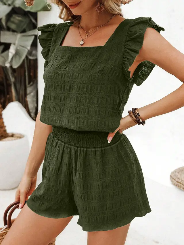 Square Neck Ruffled Casual Shorts Set For Women Olive Green - Shop at LoveMi