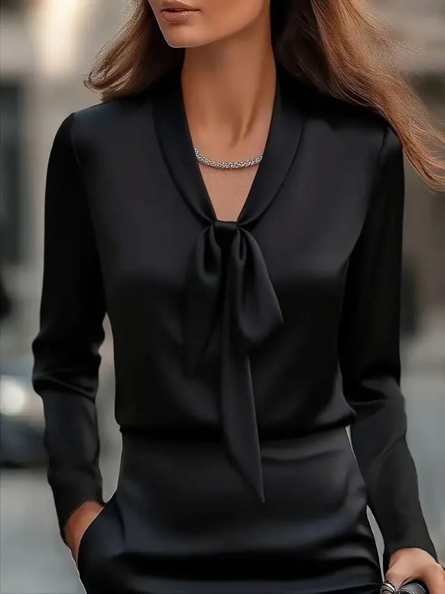 Fashionable Elegant Solid Color Tie Satin Long Sleeve Shirt Black - Shop at LoveMi
