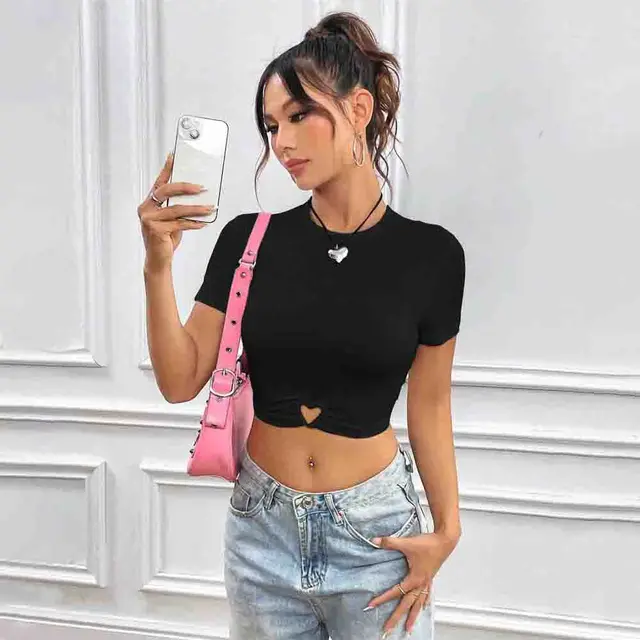 Love Heart Ring Round Neck Short Sleeve Crop Sexy Fashion T shirt Black - Shop at LoveMi