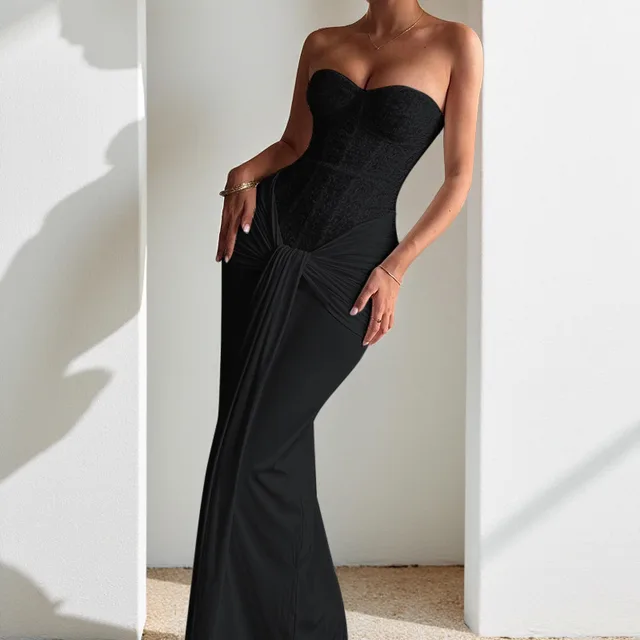 Evening Dress Long Skirt Waist cinching Slim Ribbon Strapless Elegant Dress Black - Shop at LoveMi