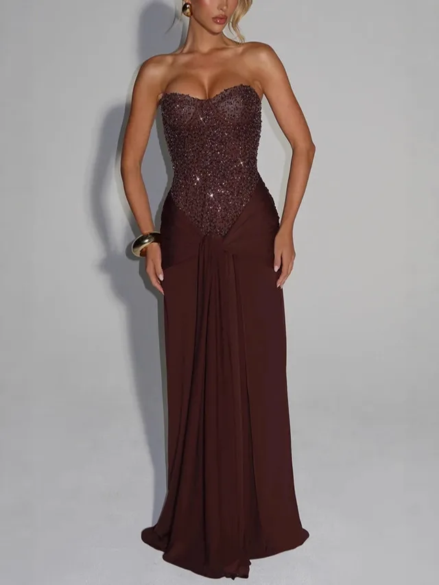 Evening Dress Long Skirt Waist cinching Slim Ribbon Strapless Elegant Dress Brown - Shop at LoveMi